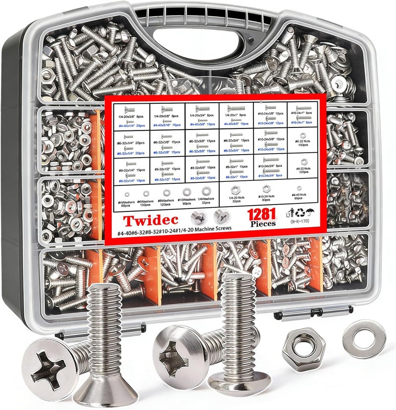 Twidec /1281PCS Nuts and Bolts Assortment Kit,Machine Screws,304 Stainless Steel Phillips Pan Head and Flat Head Screws #4-40#6-32#8-32#10-24#1/4-20 with Nuts, Bolts,Washers in the Storage Case - Image 1